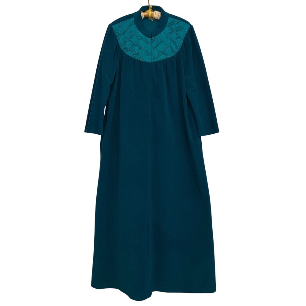 Vintage Vanity Fair Housecoat Robe Women's L Quilted Yoke Teal Green Grannycore‎